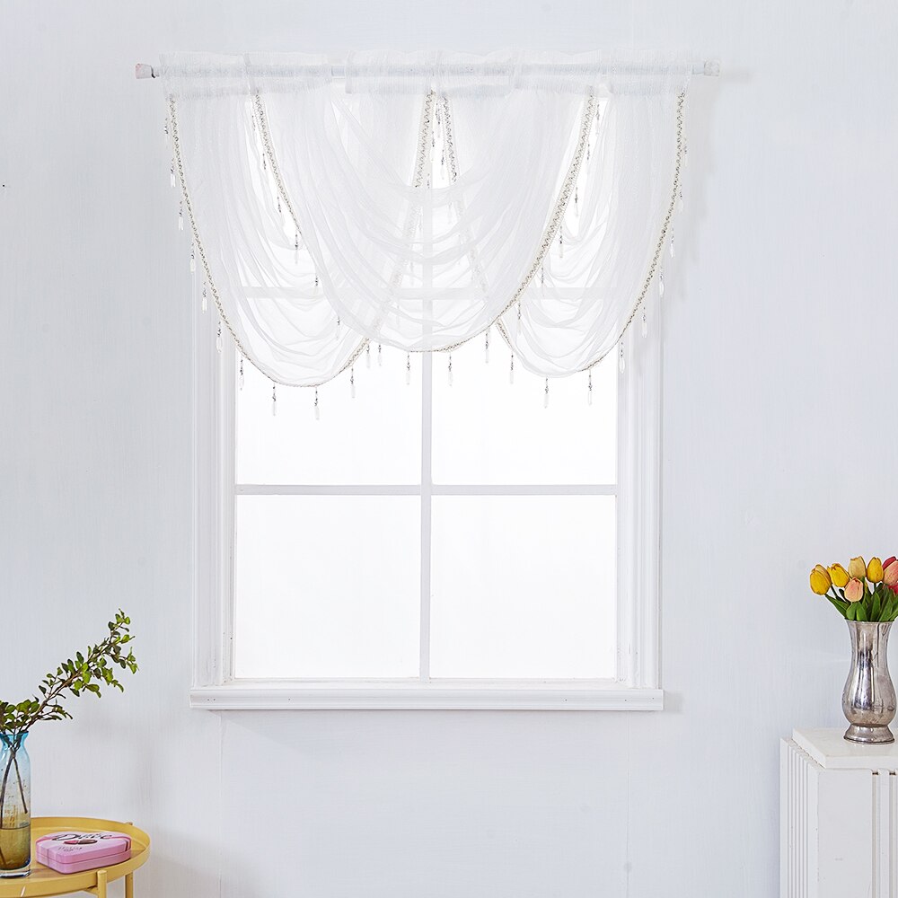Vandfald valance gardiner sølv silke linje luksus beaded gardin valance ren vindue gardiner til køkken stue: 145 x 94cm