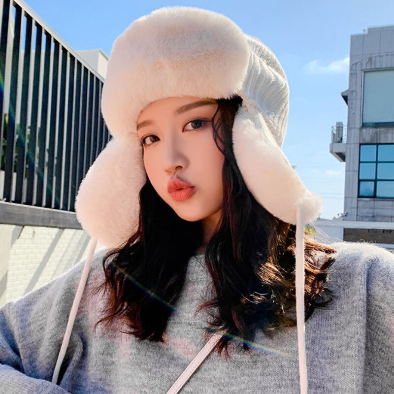 Ht2845 tjocka varma stickade mössor dam solid rysk päls mössa dam snö skidfångare öronlapp keps kvinnlig bomber hatt varm rysk keps