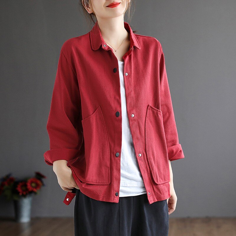 Vrouwen Lange Mouw Katoen Casual Jassen Herfst Vintage Stijl Turn-Down Kraag Losse Vrouwelijke Bovenkleding Jassen B1115
