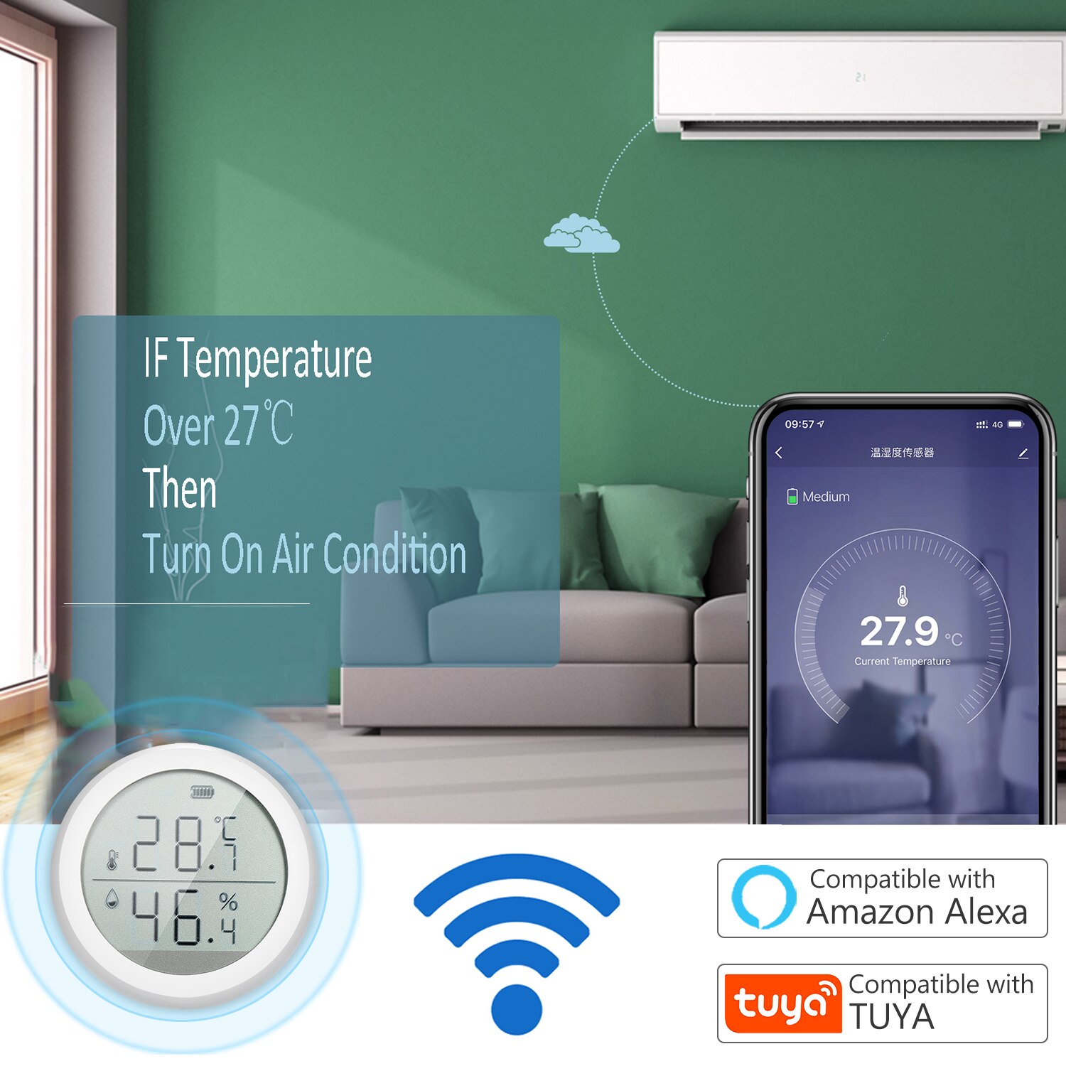 WiFi termometr higrometr inteligentny czujnik temperatury wilgotności miernik z App powiadomienie alarm domowe zwierzaki garaż cygaro Humidor