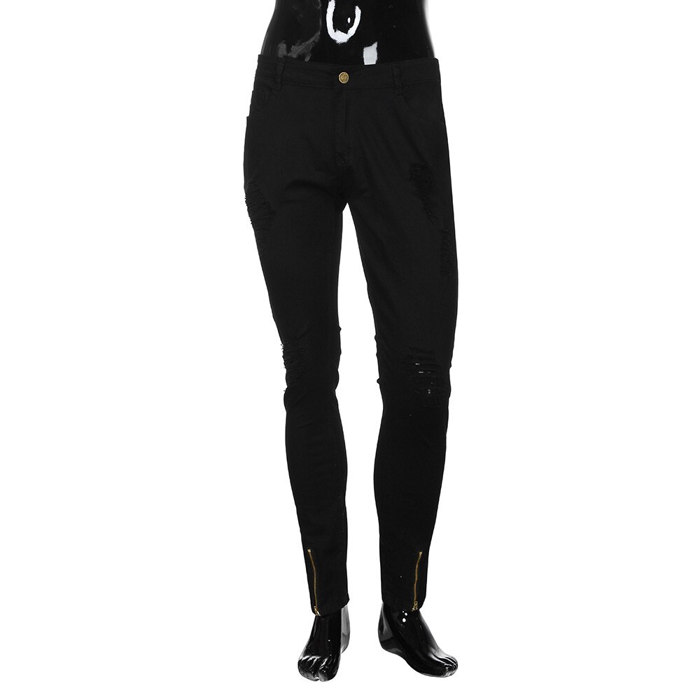Mens Skinny Jeans Slim Biker Zipper Denim Jeans Men Ripped Stretch Denim Pants Elastic Waist Distressed Rip Trousers