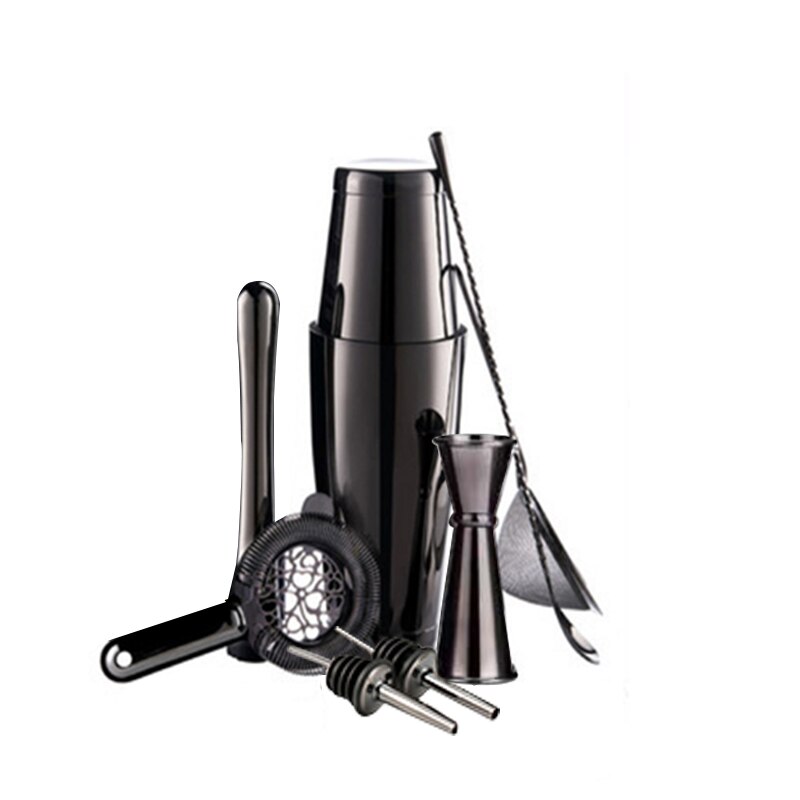 CocktailShaker 750ml Black Color 9 PCS Bar Set household party etc Color Shiny Stainless Steel Boston Cocktail Shaker Set: Balck