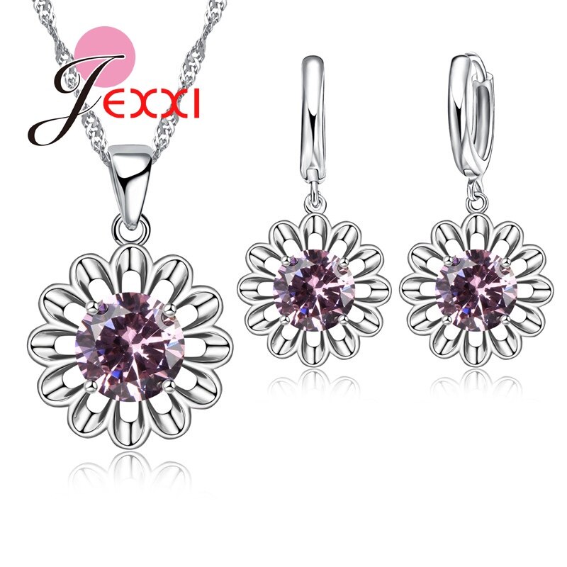 Zonnebloem Eeuwige Liefde 925 Sterling Zilveren Sieraden Set Voor Bruiloft Crystal Maxi Ketting Oorbellen Set Voor Vrouwen Bijoux: Pink