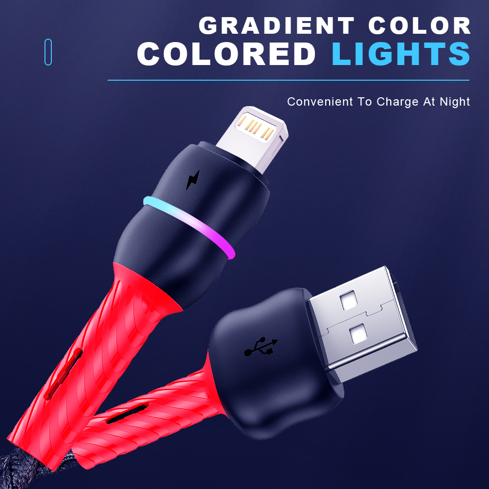 Lâmpada led 3a carga rápida cabo usb para iphone 11 12 13 pro max xs x xr 5 6 7 8 mais se 2 ipad fio de dados do telefone móvel carregador cabo