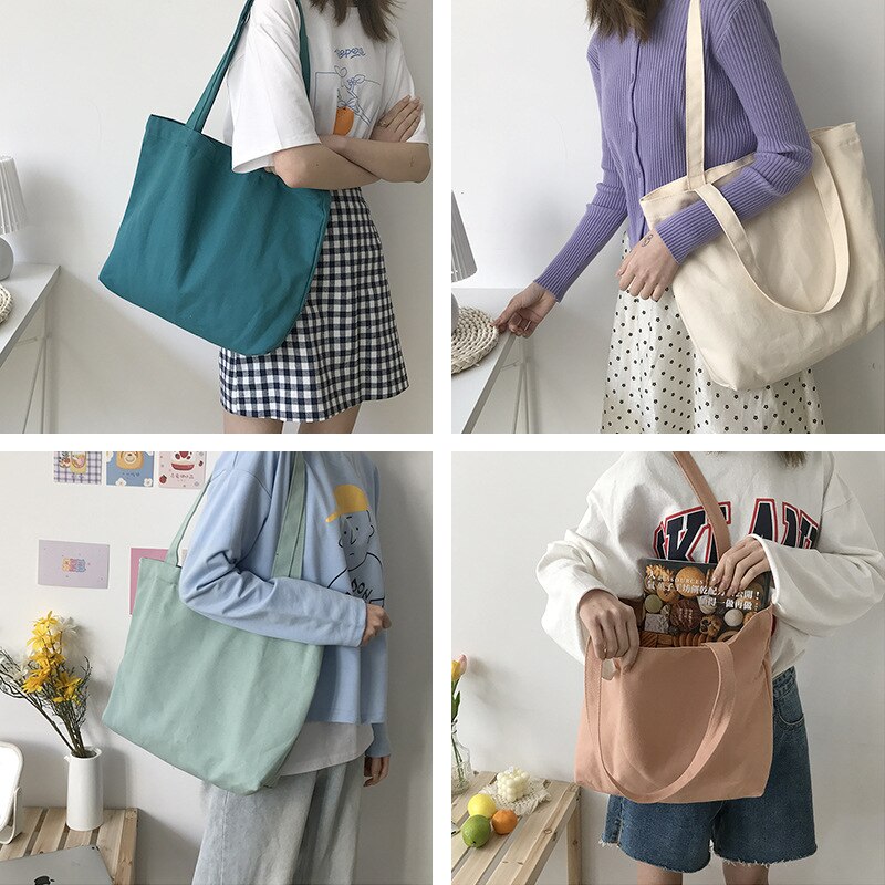 Saco de compras de lona de grande capacidade casual all-match bolsa de ombro feminina de cor sólida sacola de estilo universitário saco de escola aberto