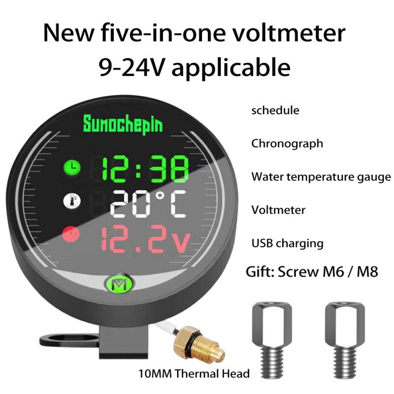 Motorcycle Modified Water Temperature Meter Time Voltmeter 12V Chronometer USB Phone Charging 5-in-1 Waterproof Digital Display: 5in1Thermomet USB
