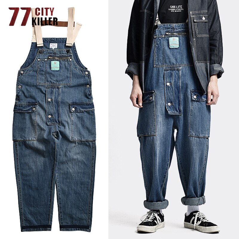 77 city killer denim overalls mænd streetwear cargo bukser mænd worker multi-pocket vaskede joggers herre retro hagesmæk bukser