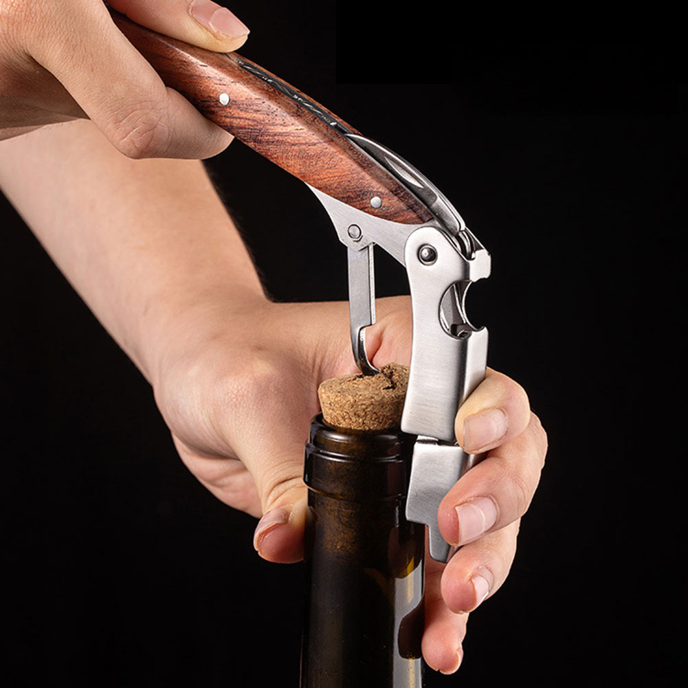 Wijnopener van roestvrij staal, kelnerskurkentrekker, leren etui, bierflesopener en foliesnijder voor wijnliefhebbers