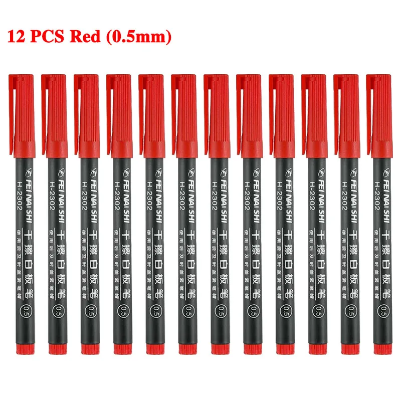 12Pcs Erasable Whiteboard Pen 0.5/1.0mm Fine Point Black/Blue/Red Ink Blackboard Marker School Office Art Writing Stationery: Rood