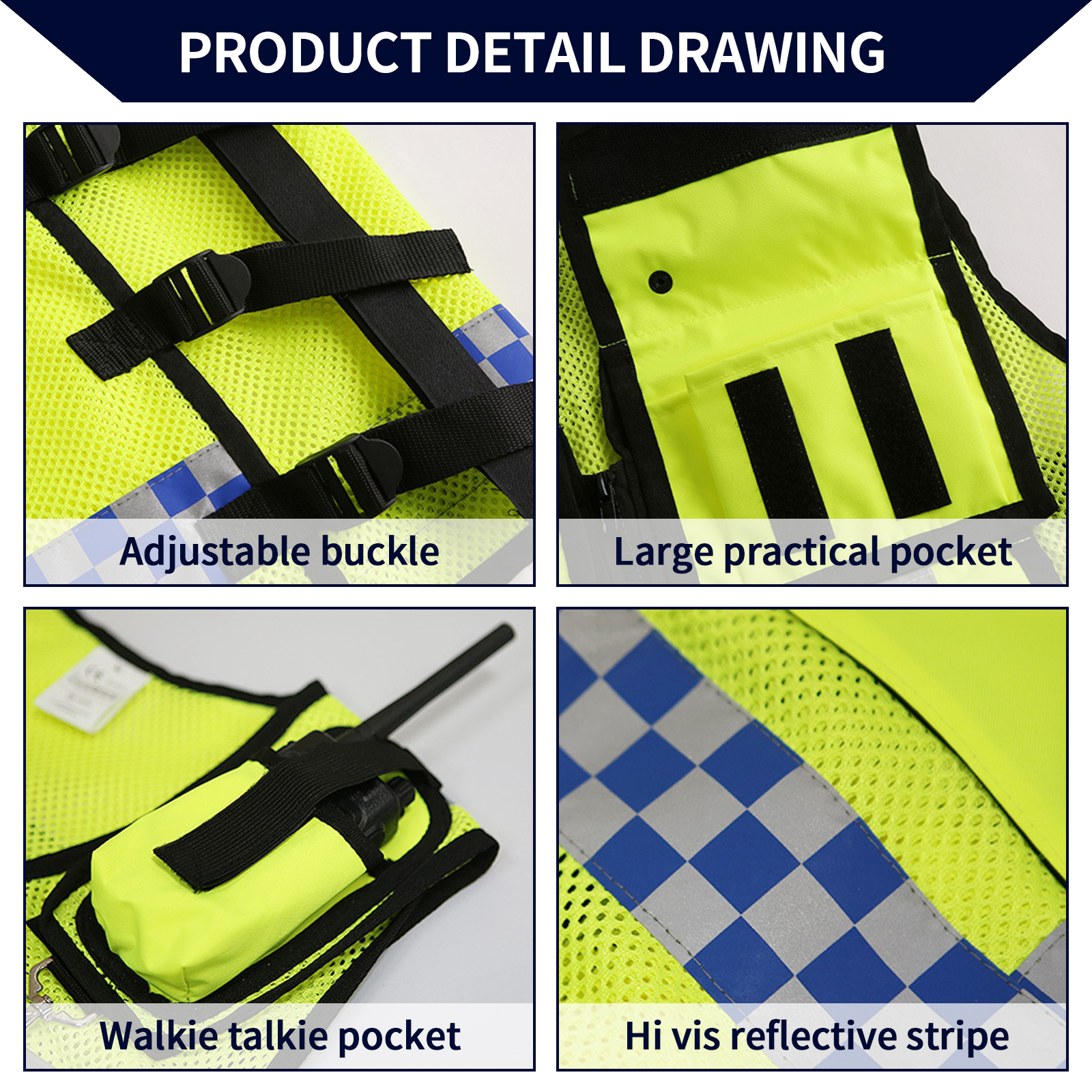 Police Reflective Vest High Visibility Reflective Bonded Multiple Pockets Vest Mens Mesh Adjustable Safety Vest