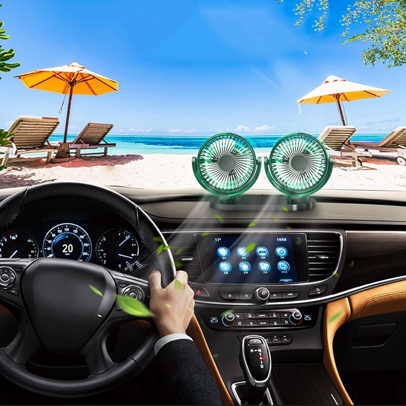 Ventilador portátil para coche de 12/24V, dispositivo de ventilación giratorio ajustable de 360 grados, refrigeración por aire, doble cabezal, silencioso, USB, de escritorio