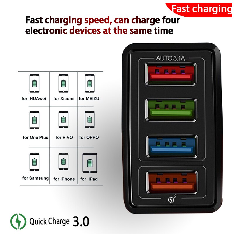 XEDAIN USB Charger Quick Charge EU/US 3.0 4-Ports Mobile Wall Phone Charger for LG Xiaomi iphone Samsung Nexus Apple Smartphones