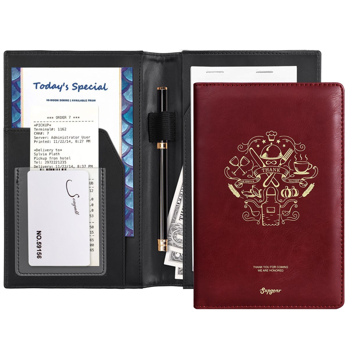 Server Book for Waitress Waiter Marble Pouch with Pen Holder check folder restaurant hotel coffee shop checkbook Pocket holder: 7.9x5.3in Red