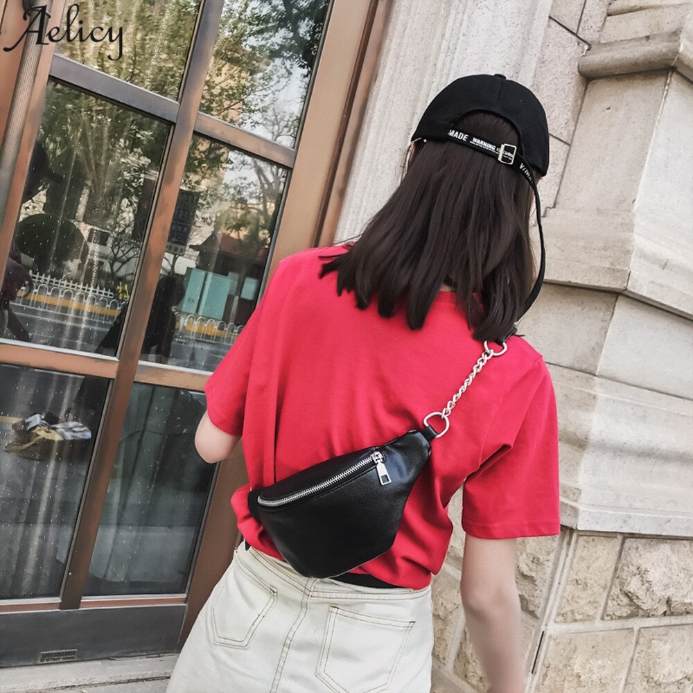 Aelicy Taille Tasche Frauen Heiße Verkäufe Feste Pack Weiblichen Ketten Tasche Schwarz Hobos Form Pu Leder Taille Packs Brust telefon Beutel