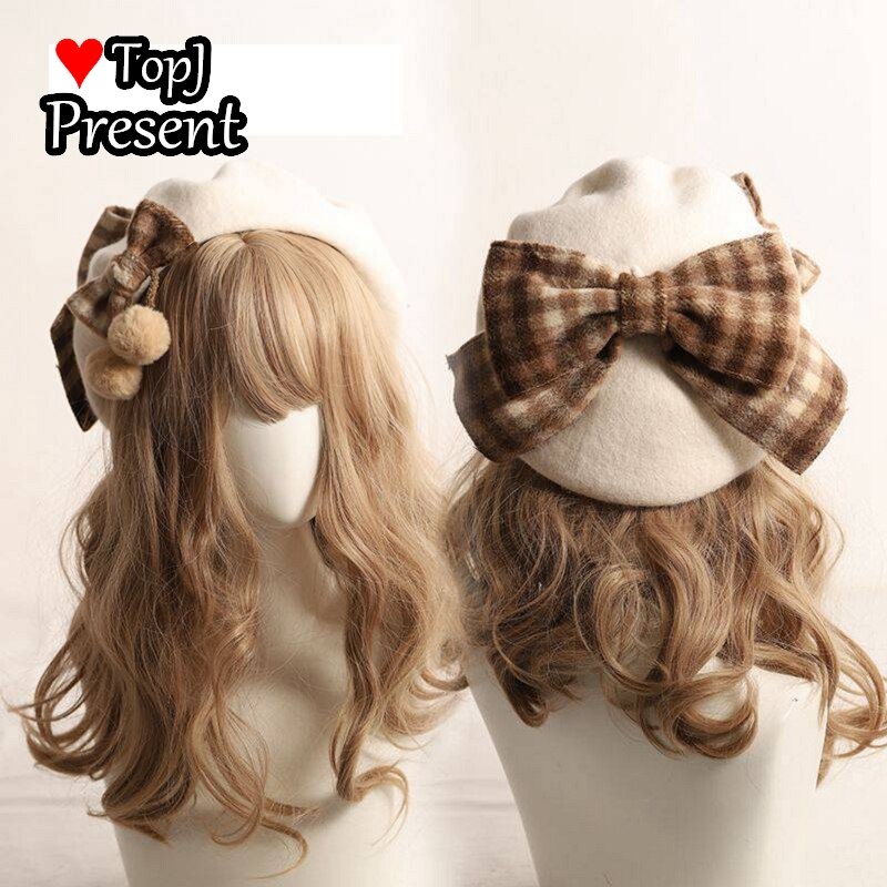 Japanse Kawaii Baret Hoed Lolita Tiener Hart Zoete Wollen Handgemaakte Cute Lace Strik Warme Herfst Winter Schilder Hoed Hoofdtooi: Off white
