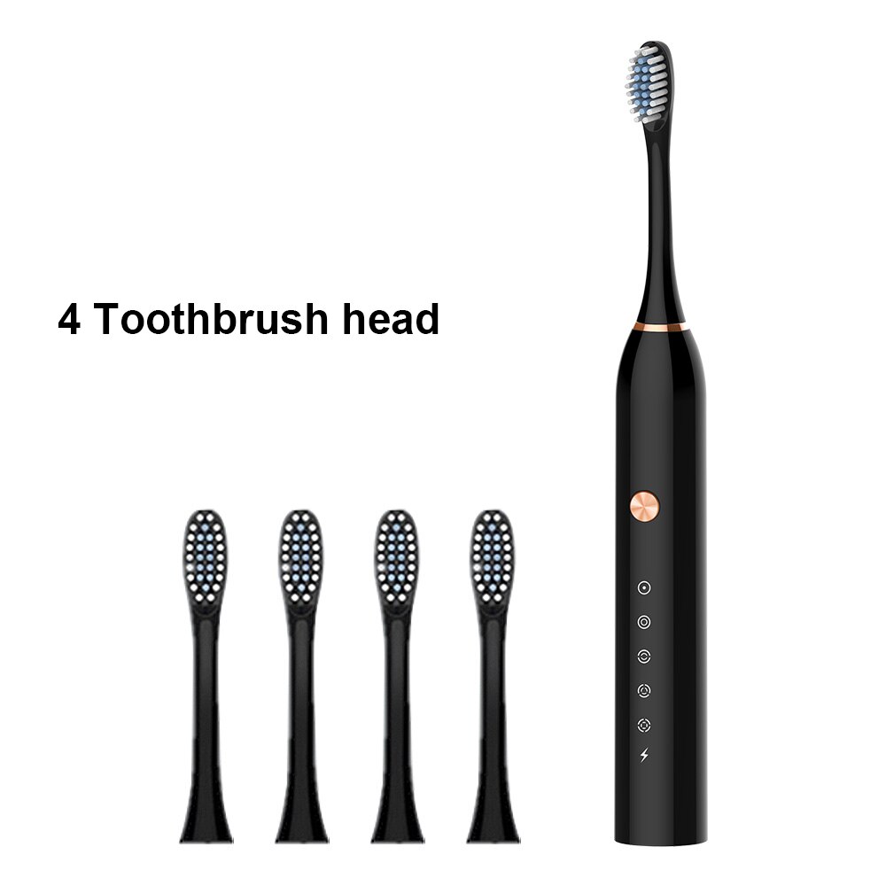 Powerful Ultrasonic Sonic Electric Toothbrush USB Rechargeable Toothbrush Adult Electronic Washable Whitening relax Teeth Brush: Black 4 Heads