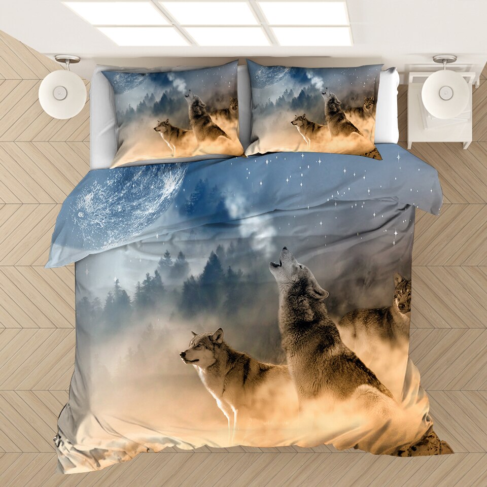 Animaux 3D loup lune ensemble de literie literie personnalisée housse de couette couette et taie d'oreiller couverture de lit Textile à la maison