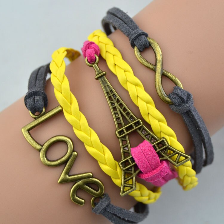 Vintage torre eiffel infinidade encantos pulseira de couro manguito masculino feminino meninas multicamadas pulseira envoltório moda artesanal jóias presente: Default Title