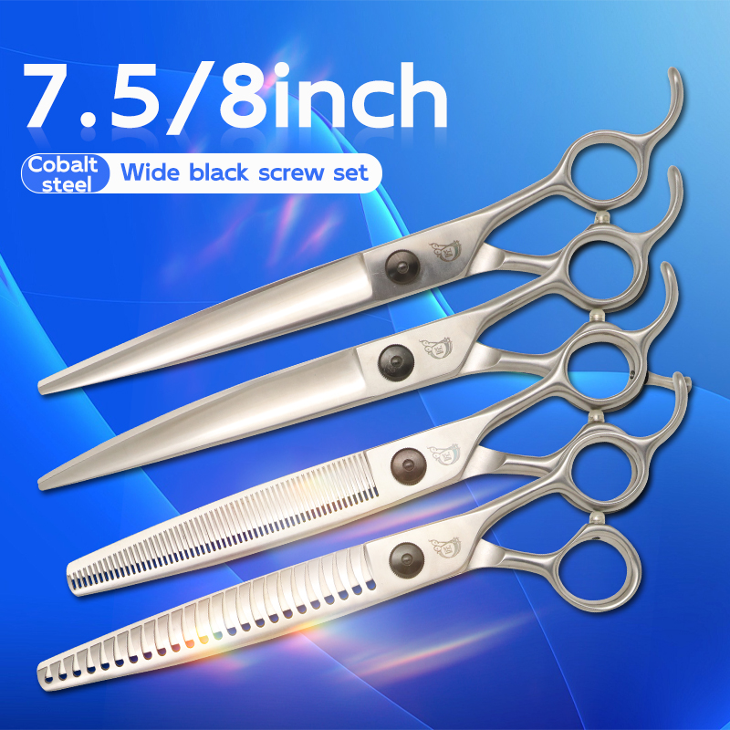 Kraankobaltstalen 7.5 & 8.0 Inch Honden Trimschaar Set Zwart Recht Gebogen Uitdunningsschaar Voor Honden Trimmer