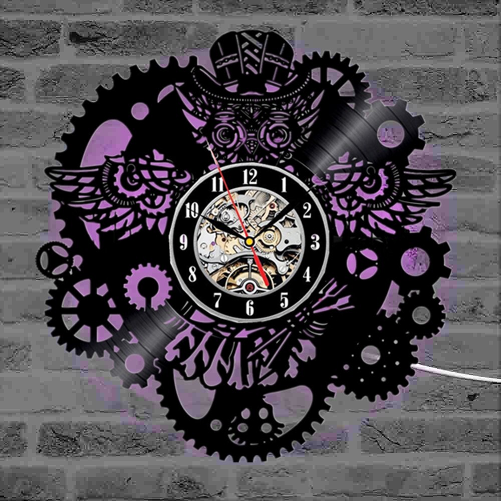 Owl Vinyl Record Wall Clock Gear Cogs Night Owl Steampunk LED Wall Clock Home Decor Cogwheels Animal Wall Watch Modern