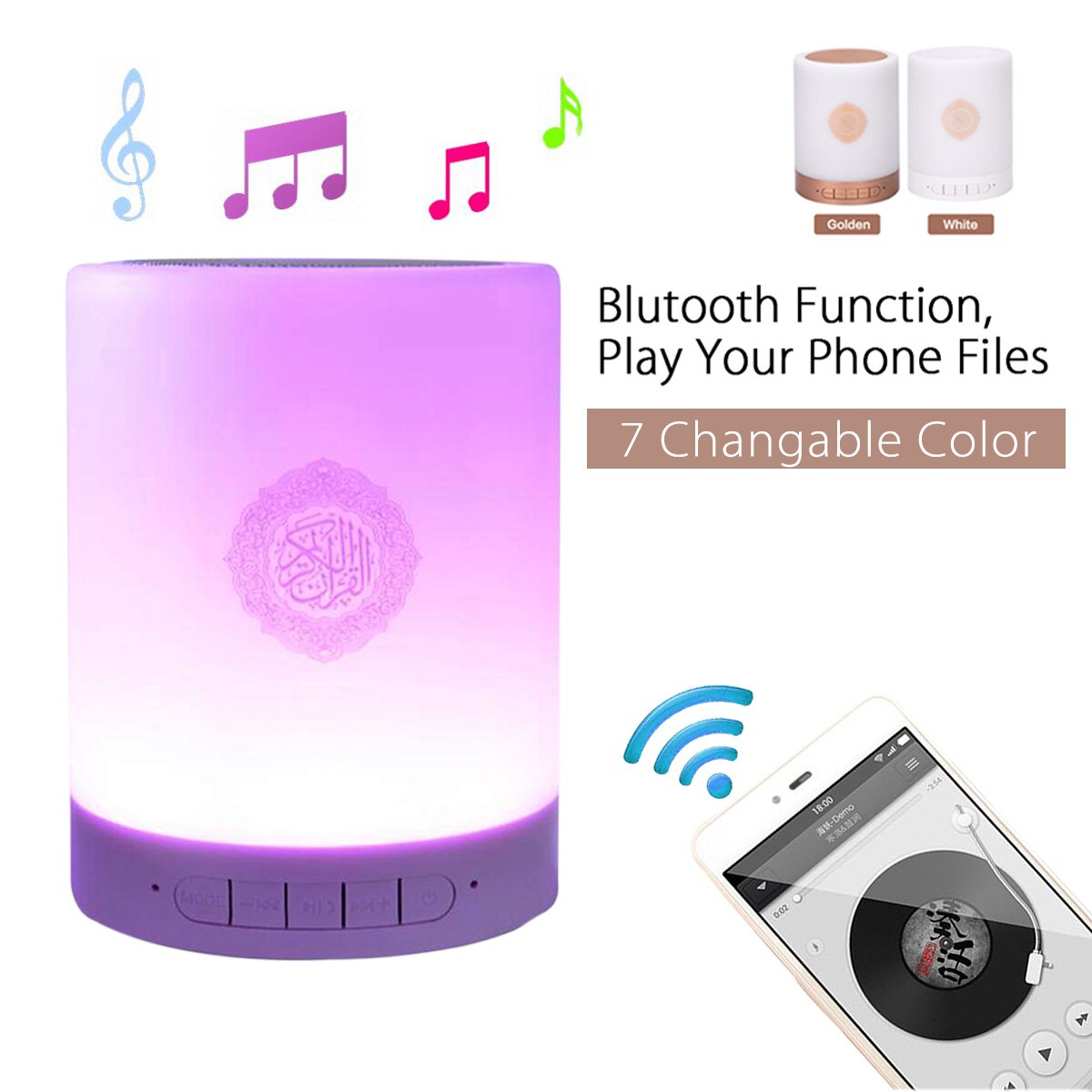 Tragbarer kabelloser bluetooth-lautsprecher mit fernbedienung, led-touch-lampe, tf-karte und fm-radio für bildungszwecke – ein spielzeug für muslimische koranliebhaber.