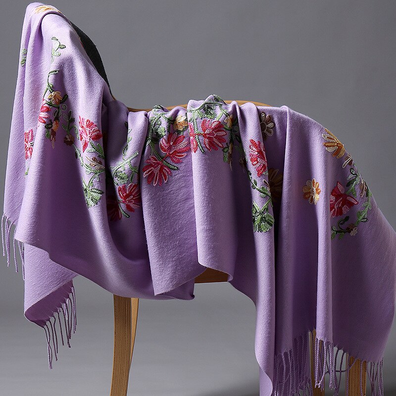 Borduren Bloemen Sjaal Vrouwen Kasjmier Katoen Viscose Sjaals Soild Plain Borduur Sjaals Moslim Kwasten Hijaabs GP02: light purple
