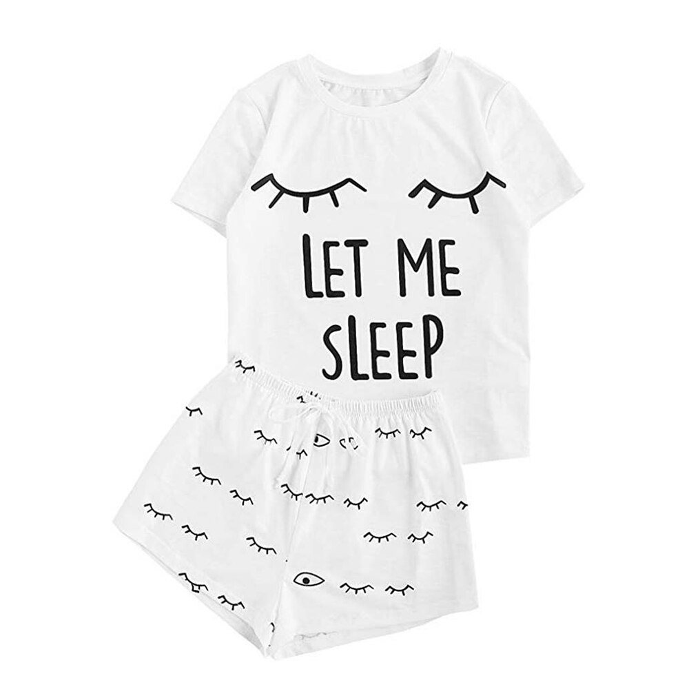 Lettre pyjamas ensemble femmes mignon chat impression à manches courtes T-shirt Shorts vêtements de nuit ensemble de nuit Pyjama Femme femmes pyjamas ensemble: White / S