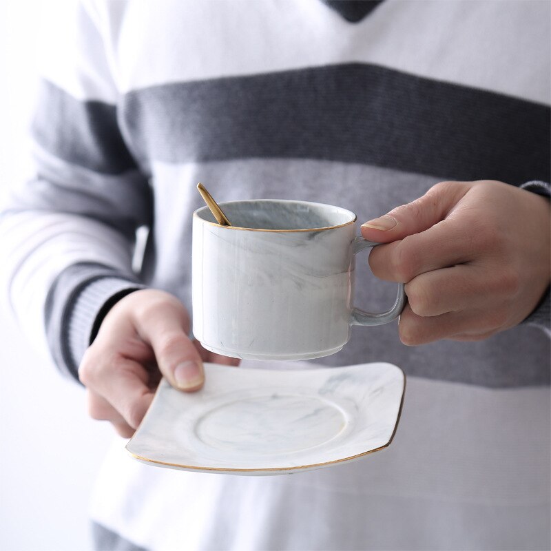 Kaffekopp och fat i marmor keramisk tevattenkopp porslin återanvändbar nespresso latte cappuccinokoppar 220ml
