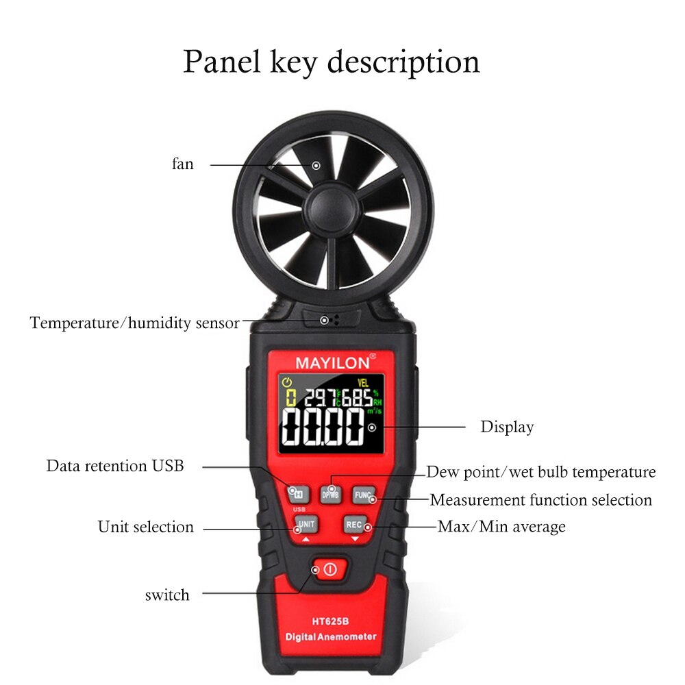Anemómetro 4 en 1 HT625, anemómetro manual de humedad y temperatura, puede medir la velocidad del viento, volumen del aire, pantalla de alta definición