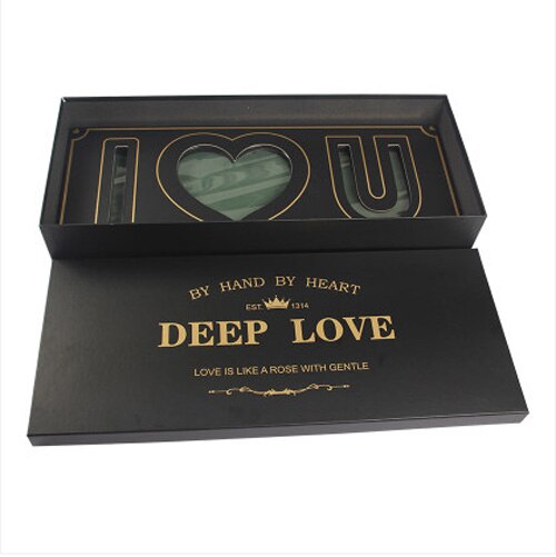 Rectangular Flower Box With Flower Mud Slot Valentine's Day Top Bouquet Packaging Box I Love U Pattern Florist Supply: Black
