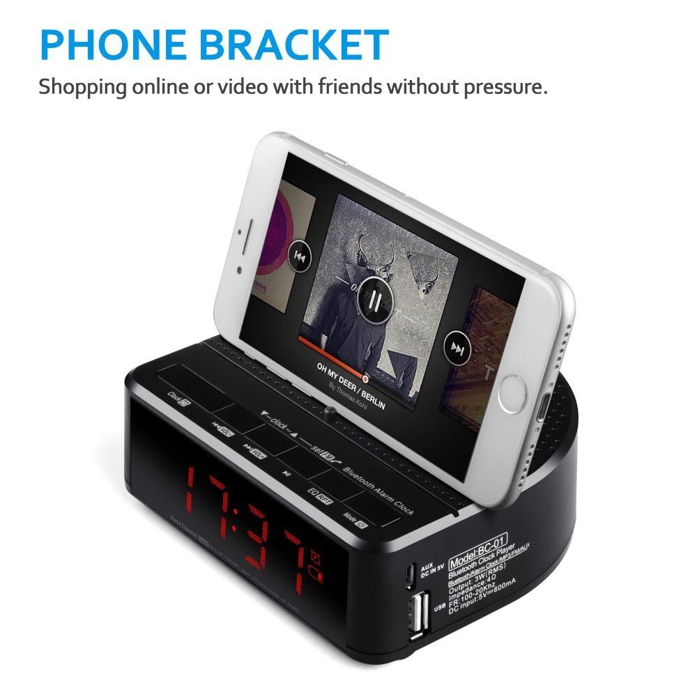 Radio réveil numérique avec haut-parleur Bluetooth, affichage chiffre rouge avec 2 gradateurs, radio FM, Port USB chevet réveil led.