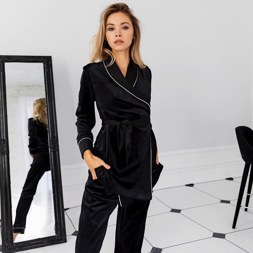 HiLoc Black Satin Sleepwear Home Clothes For Women Robe Sets Long Sleeve Bathrobe For Home Wear Night Set Spring Fashinon