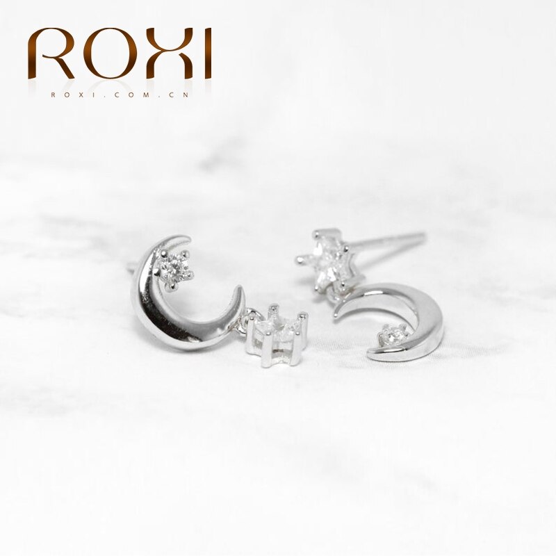 ROXI Cuore Triangolo Quadrato Luna Spille Catena Orecchie di Gatto di Cristallo Orecchini Con Perno Per le donne Ragazze Cartilagine Orecchino gioielli In Argento 925: Moon white gold