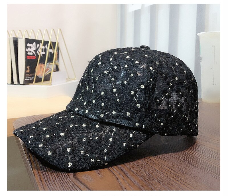 Uspop Baseball Caps Zomer Ademende Cap Geborduurde Bloemen Cap Ins Chrysant Kant Ademend Baseball Cap: Black