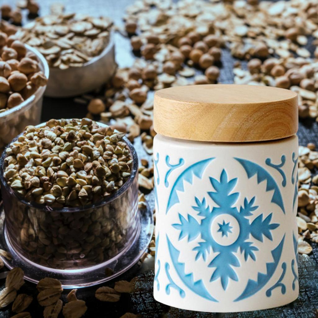 Boho Style Ceramic Canister with Wooden Lid Stackable Food Storage Container for Farmhouse Kitchen Home Pantry Organization