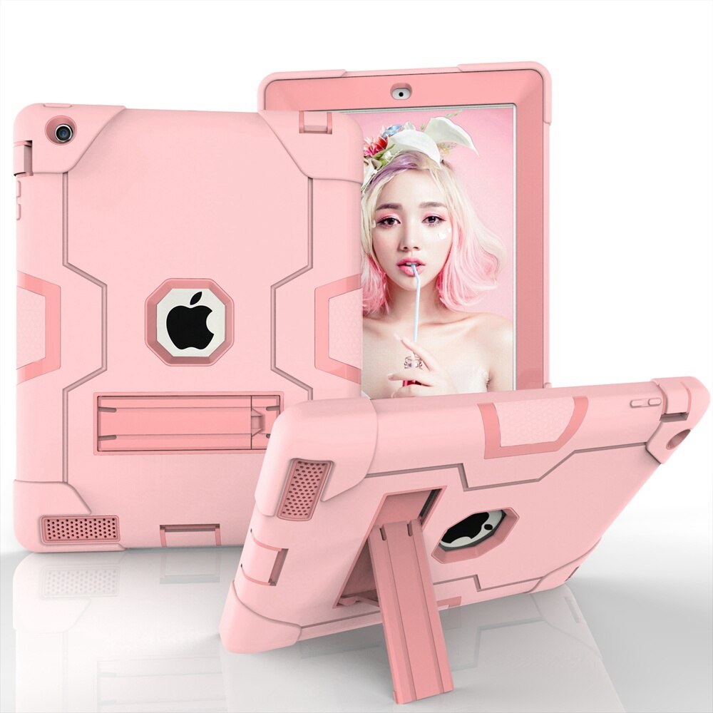 For Apple iPad 2 3 4 A1458 A1459 A1460 A1416 A1397 Case Shockproof Kids Safe PC Silicon Hybrid Stand Full Body Tablet Cover: Rose Gold