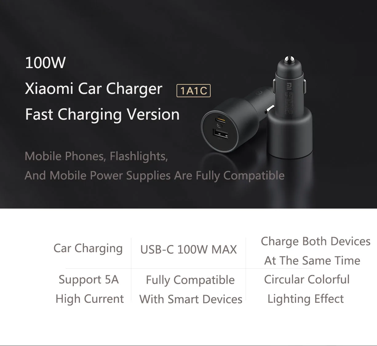 Original Xiaomi 100W Auto ladegerät Dual USB Schnell ladung Wireless Mi Auto ladegerät 100W USB-A USB-C Dual-Output-LED-Leistung