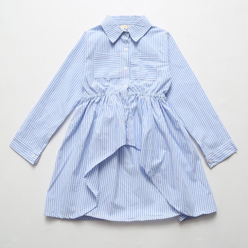 Forår efterår børn piger skjorter børn bomuld shirt kjole blå stribet bluse 4 6 8 10 12 år piger toppe tøj  jw3088
