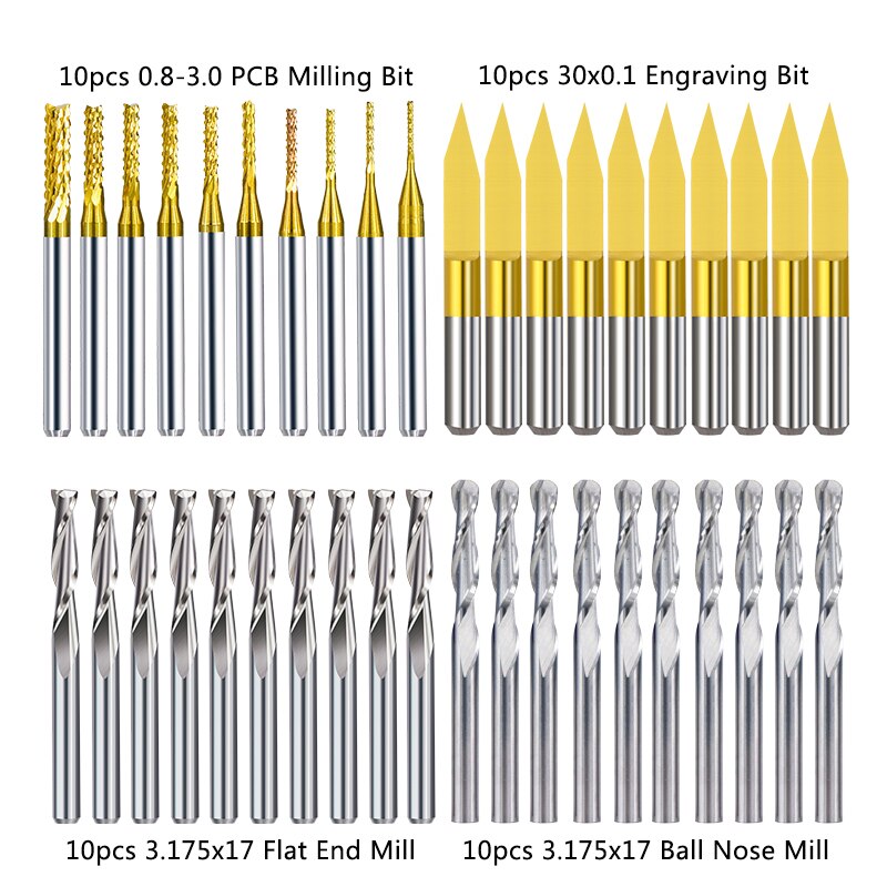 XCAN End Mill Engraving Bits Set Nano Blue Coated CNC Router Bits Cutting Milling Cutter 1/8" Shank Carbide Milling Tools: 40pcs Mill Kit 3