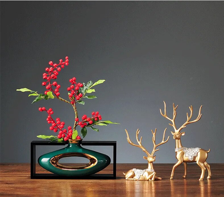 Florero de cerámica de estilo chino, marco de madera Retro calado, arreglo floral moderno para el hogar, jarrones de decoración