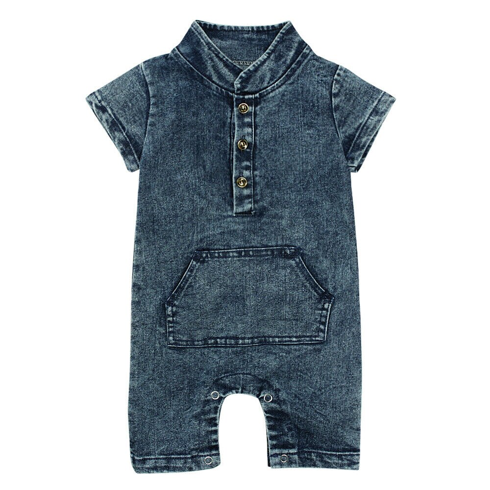 Kid Baby Boy Girl Summer Denim Short Sleeves Romper Jumpsuit Short Sunsuit Denim Casual Clothing: Blue / 6M