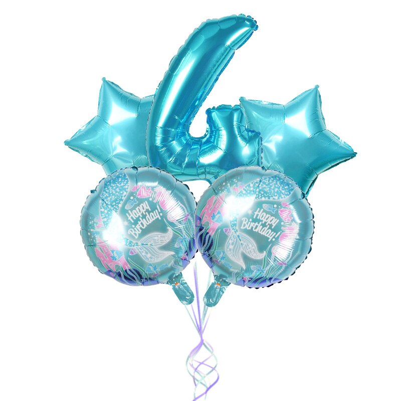 5Pcs Mermaid Theme Party Foil Balloons Little Mermaid Balloon Kids Birthday Party Decorations Mermaid Baby Shower Supplies: Number4 set
