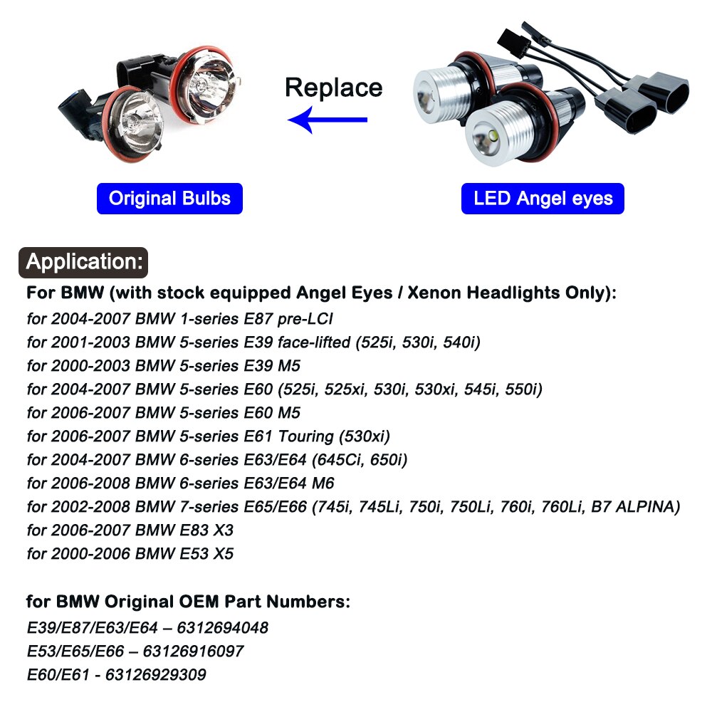 2 stk led engel øjne markør pærer til bmw  e39 e53 e60 e61 e63 e64 e65 e66 e87 525i 530i xi 545i m5 fejlfri 2*5w