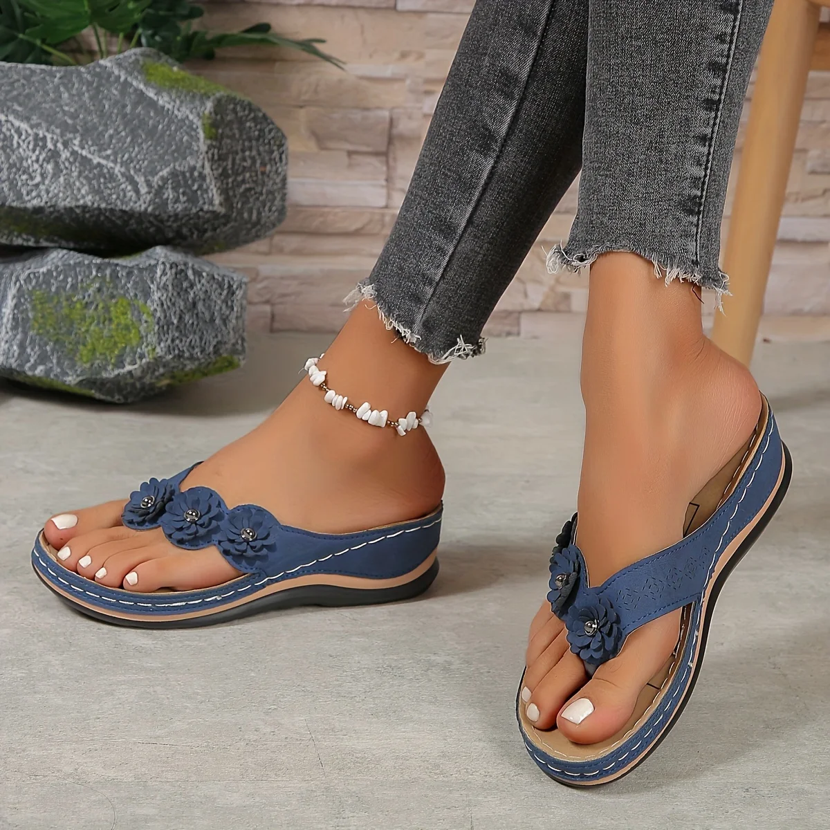 Strand-kippen-Flops mit Blumenmuster für Damen – bequeme Unterhose-an-Sommer-Slipper, vielseitige lässige draussen-Schuhe: Marine Blau / 43