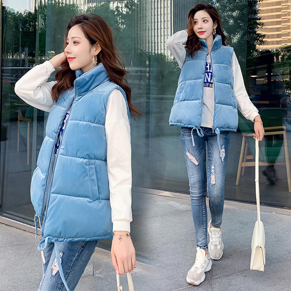 Pinkyisblack ärmlös dam väst jacka vinter kort sammet dunväst kvinnlig stativ krage väst dam vindtät varm väst: Blå / M