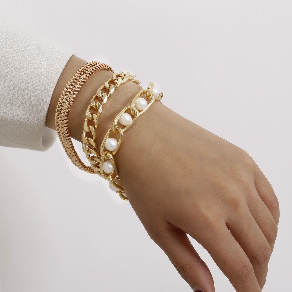 HUANZHI-Conjunto de 3 pulseras de Metal con perlas y cadena gruesa, joyería de , estilo Hip Hop, Punk,