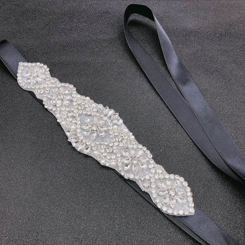 Brudbälte Applikation - Strass Bröllopsbälte - Festklänning Sash - B27: Svart