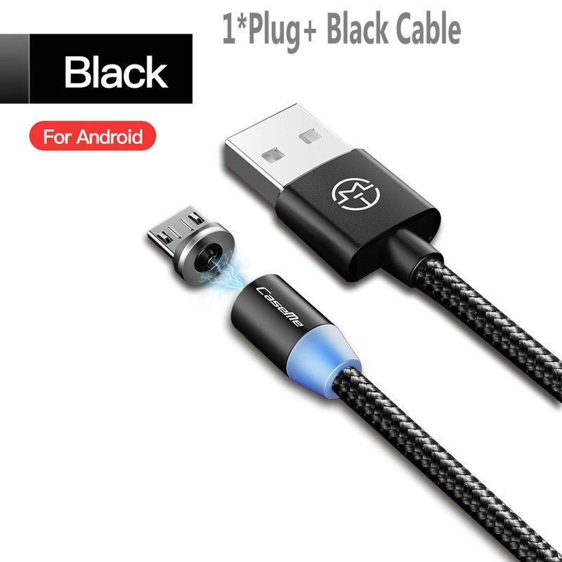 CaseMe-Cable magnético tipo C micro USB para iPhone, Cable LED de carga rápida de 1M, cargador magnético tipo C, conector de teléfono: For Android -Black