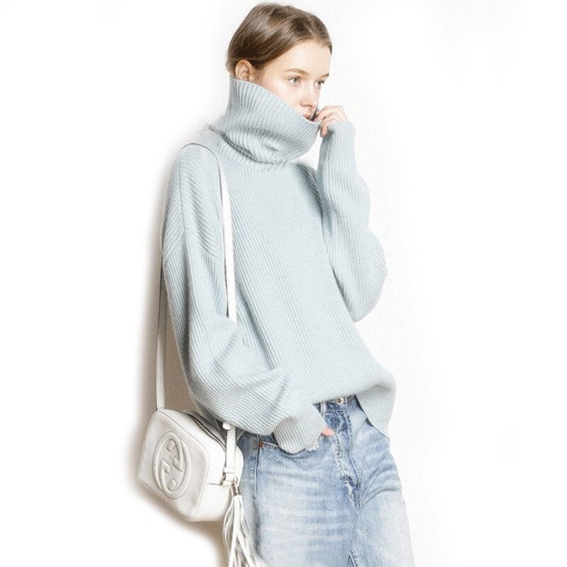 Pullover 100% Frauen Kaschmir und Wolle Stricken Jumper Frau Winter Rollkragen Warme Pullover Frau Strickwaren Top: sky Blue / L