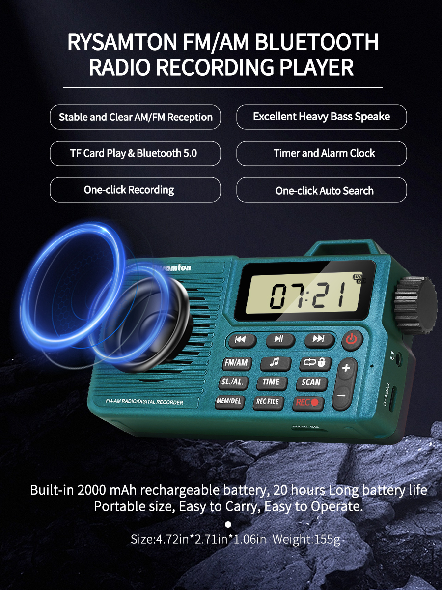 Portable AM/FM Radio, Small Pocket Radio with Bluetooth, Bass Speaker, Support Micro SD Card and Record, Long Battery Life: green